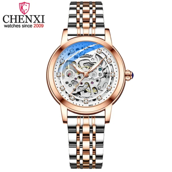 NEW CHENXI Women Automatic Mechanical Watch Brand Luxury Stainless Steel Waterproof Wrist Watch Ladies Skeleton Tourbillon Clock 1