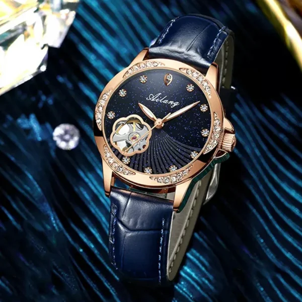 AILANG Brand New Fashion Skeleton Mechanical Watch for Women Leather Waterproof Luxury Diamond Watch for Womens Montre Femme 1