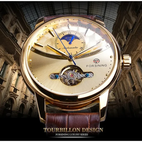 Forsining Moon Phase Automatic Watch Royal Men's Golden Mechanical Wristwatches Casual Genuine Leather Tourbillon Business Clock 2
