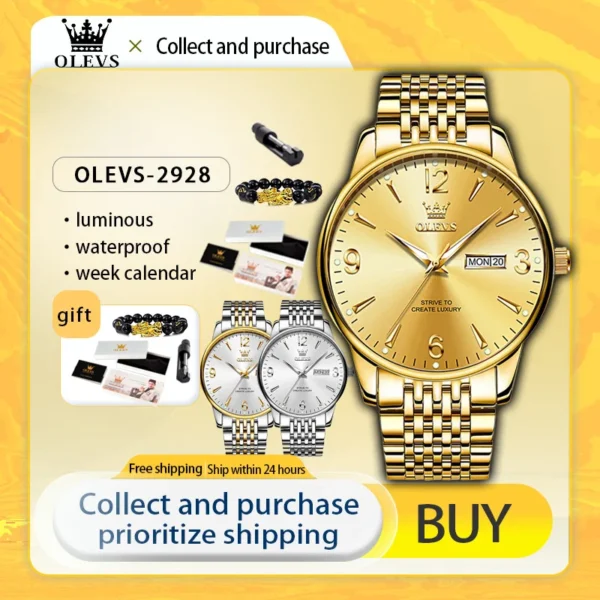 OLEVS Luxury Brands Original Quartz Men's Watches Waterproof Fashion Gold Wristwatch for Male Luminous  Butterfly Buckle Watch 1