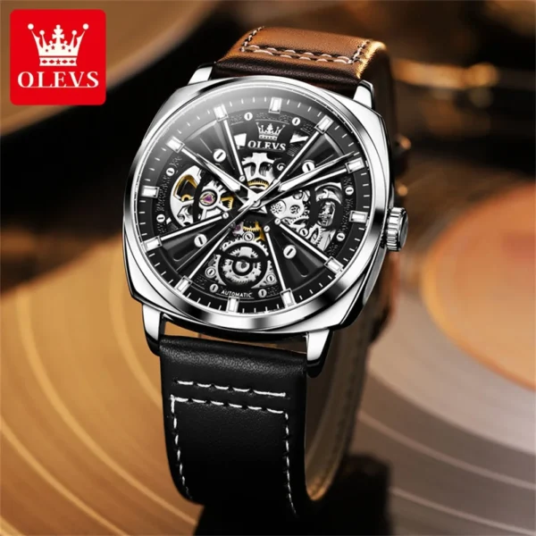 OLEVS 6685 Automatic Watch for Men Golden Skeleton Stainless Steel Waterproof Leather Strap Sports Men's Mechanical Wristwatches 2