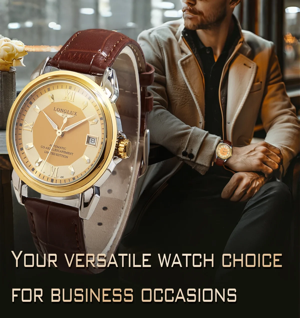 LONGLUX automatic man watch business leisure dating mechanical wristwatches day date waterproof leather  mens watch men gift 2