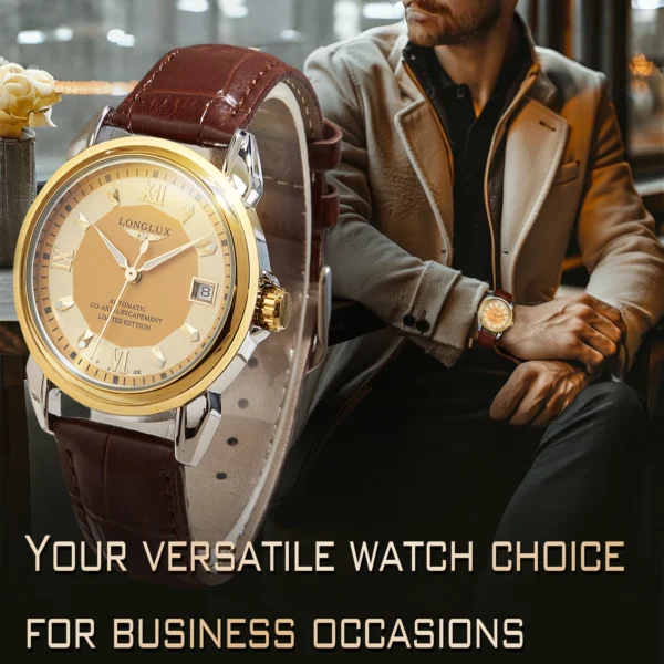 LONGLUX automatic man watch business leisure dating mechanical wristwatches day date waterproof leather  mens watch men gift 2