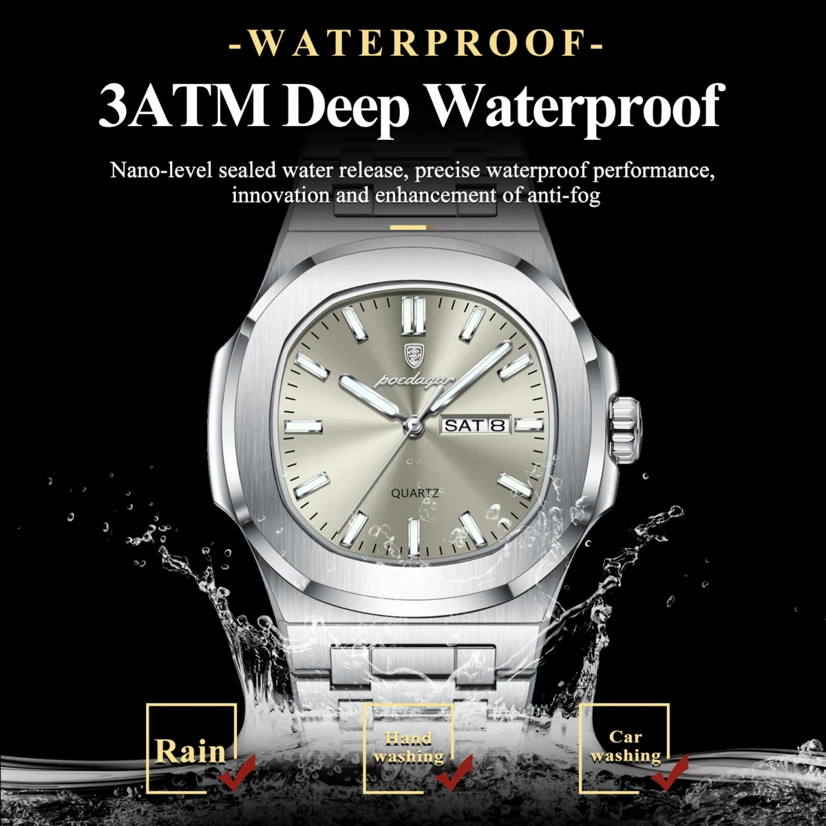 POEDAGAR Luxury Military Man Watch Square Waterproof Luminous Date Week Men Watch Stainless Steel Quartz Men's Watches Reloj+box 3