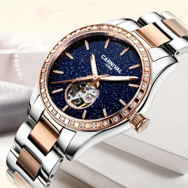 CARNIVAL Brand Skeleton Watch Ladies Luxury Sapphire Automatic Movement Mechanical Wristwatches Waterproof for Women Reloj Mujer 1