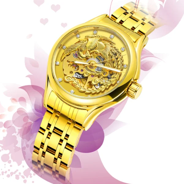 2024 Diamond Steel Skeleton Dial Golden Phoenix Women Fashion Automatic Watch Luxury Waterproof Mechanical Girl Wrist Lady Clock 2