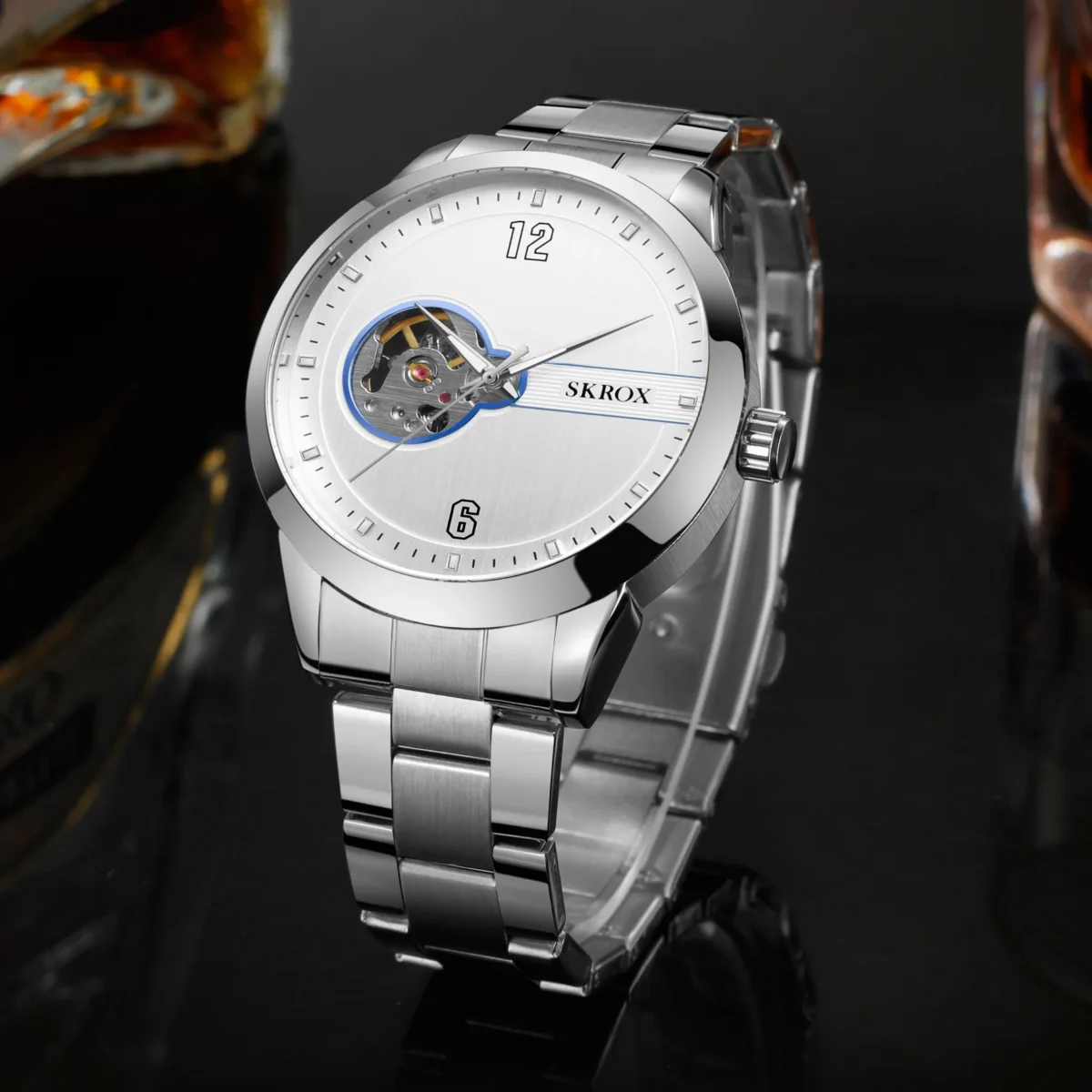 SKROX Original Top Brand Luxury Stainless Steel Skeleton Automatic Movement Male Watch for Men Mechanical Elegant Wrist Watches 3