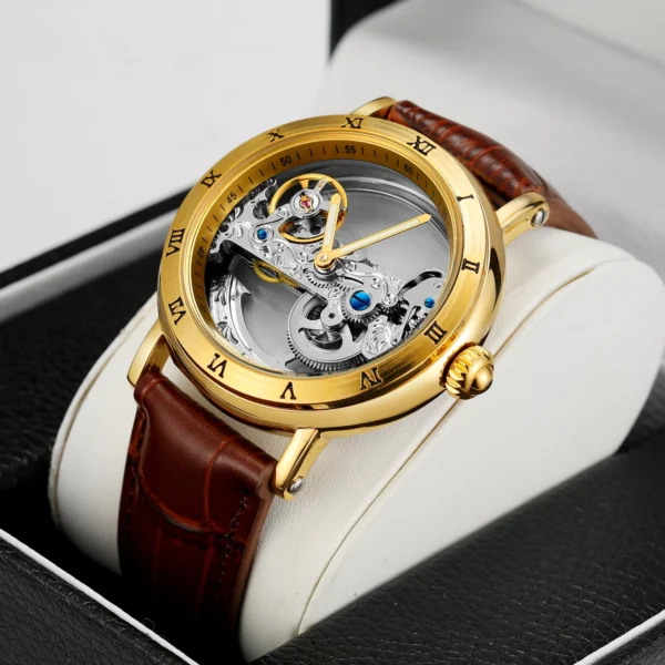 Vintage Mechanical Watches Golden Bridge Skeleton Automatic Mens Watch Luxury Genuine Leather Belt Carved Movement Luminous Hand 1