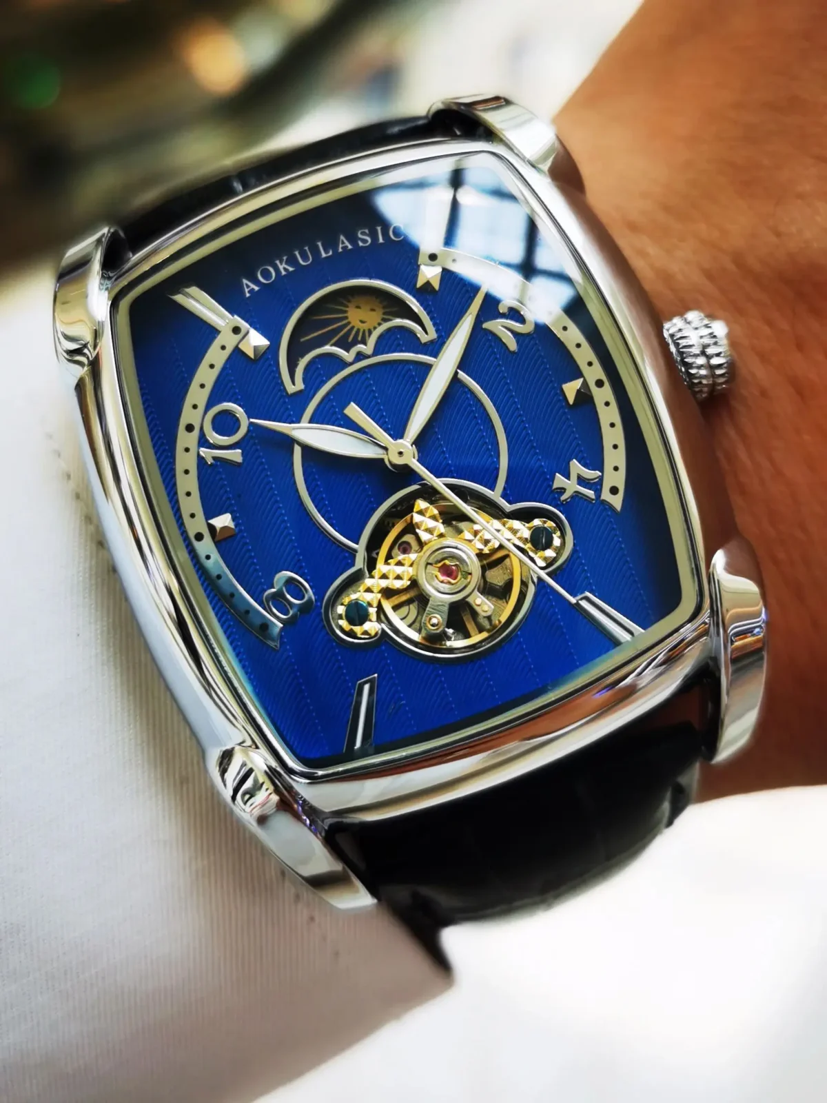 Tonneau Moon Phase Automatic Watch for Men Luxury Brand Tourbillon Skeleton Mechanical Watches Leather Belt Luminous Hands Clock 4