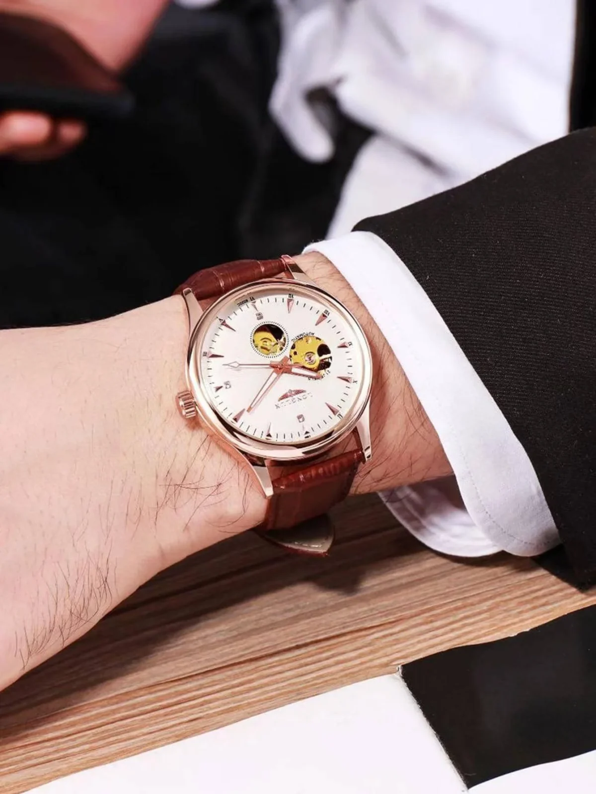 LONGLUX automatic watch elegant style wholesale mechanical wristwatches skeleton rome waterproof  mens watch men gift 3