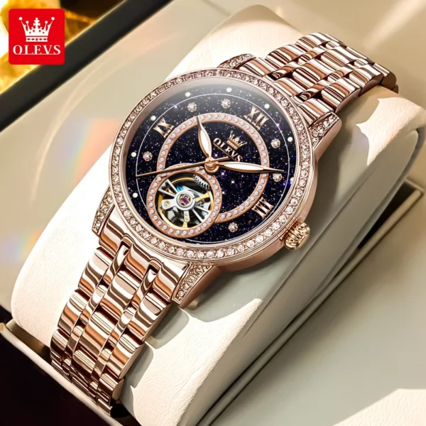 OLEVS Brand Fashion Starry Sky Dial Women Mechanical Watches Diamond Automatic Wristwatch Ladies Waterproof Luminous Clock Women 2