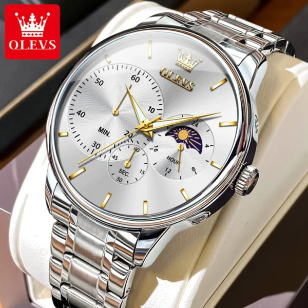 OLEVS Original Brand Men's Watches Business Waterproof Quartz Watch Stainless Steel Strap Chronometer Moon Phase Watch for Men 1