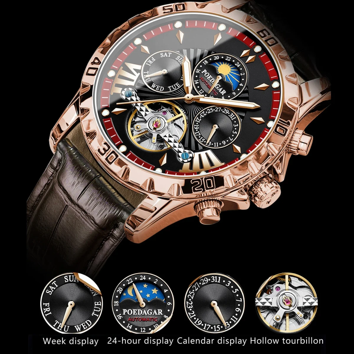 POEDAGAR Tourbillon Automatic Mechanical Wristwatch Waterproof Luminous Date Week Leather Men Watch Luxury Fashion Men's Watches 4