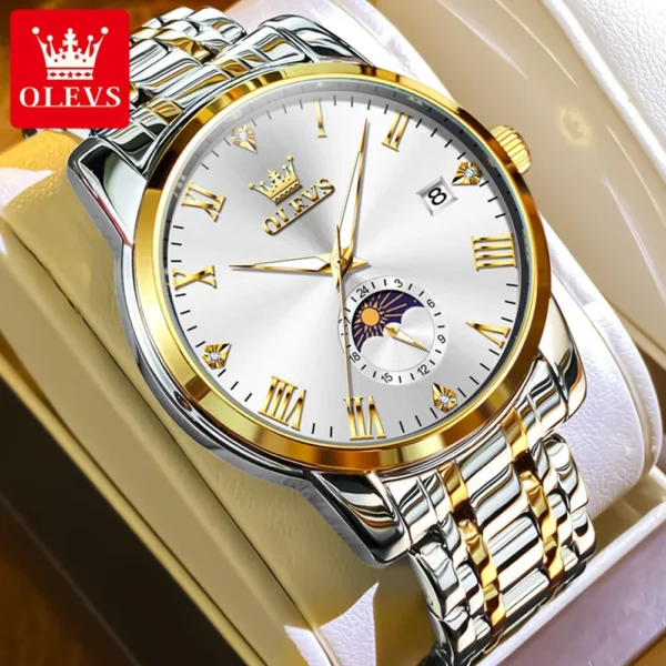 OLEVS Trend Fasahion Men's Watches Stainless Steel Original Quartz Watch for Man Waterproof Luminous Date Moon Phase Wristwatch 2