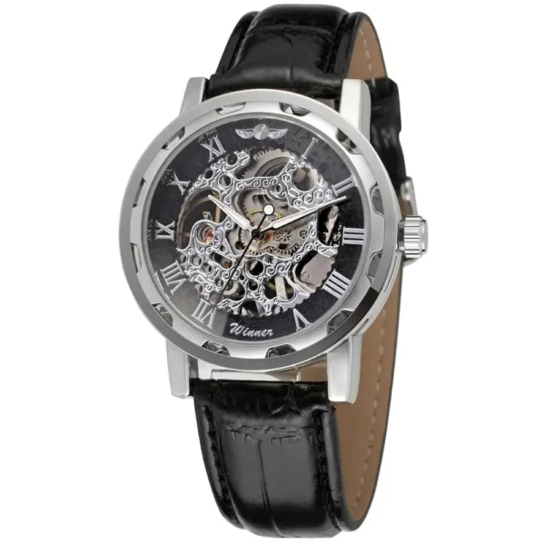 WINNER Fashion men's and women's watches black and silver hollow design creative dial leather strap automatic mechanical watches 1