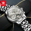 OLEVS Brand Automatic Mechanical Men Watches Waterproof Stainless Steel Strap Watch for Man Skeleton Calendar Hollow out Design 4