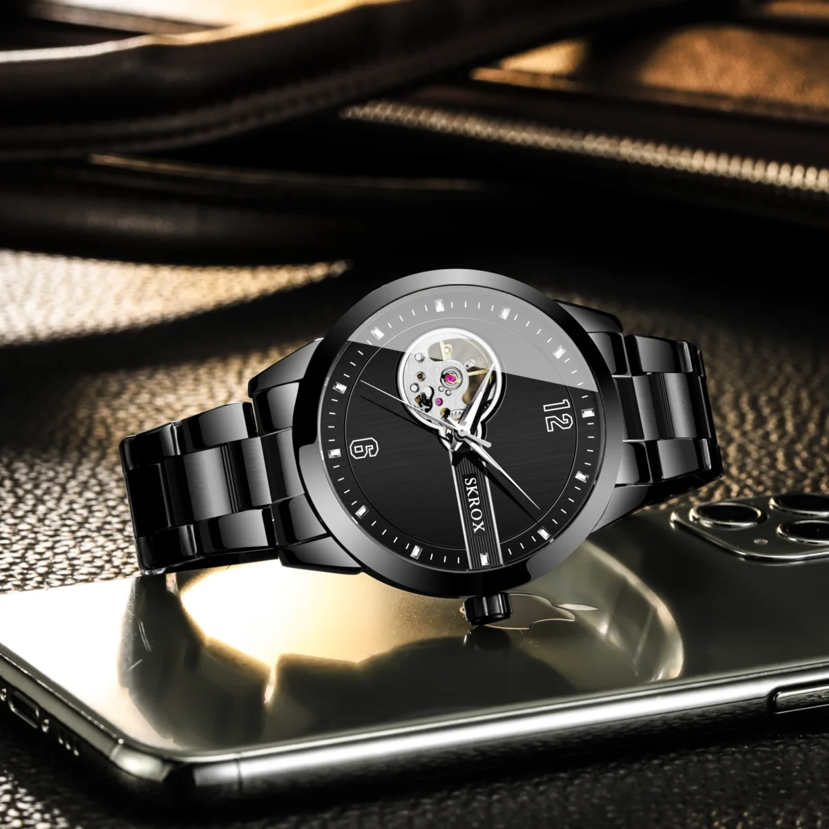 SKROX Original Top Brand Luxury Stainless Steel Skeleton Automatic Movement Male Watch for Men Mechanical Elegant Wrist Watches 5