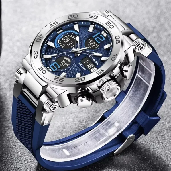 FOXBOX Sports Mens Watches 5ATM Waterproof Dual Display Quartz Wristwatch Chronograph Alarm Date Week Watch Man Silicone Strap 2