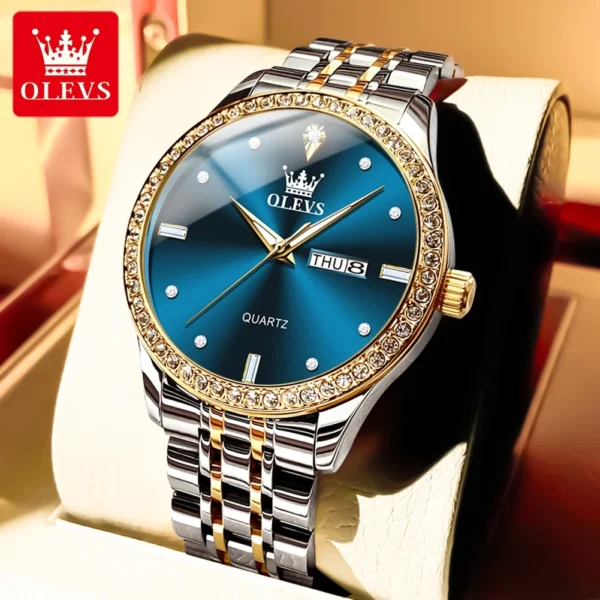 OLEVS Original Luxury Brand Men's Watches Stainless Steel Strap Week Calendar Luminous Quartz Watch for Men Diamond Dial Fashion 1