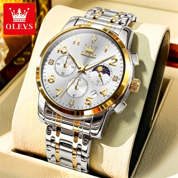 OLEVS Business Classic Three Eye Dial Men's Watches Waterproof Moon Phase Quartz Watch Arabic Numeral Scale Original Wristwatch 1