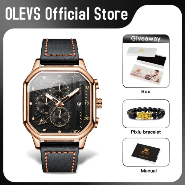OLEVS 9950 Mens Watch Original Top Brand Square Quartz Wristwatch Waterproof Leather Strap Sport Clock Male Reloj Watch For Men 2