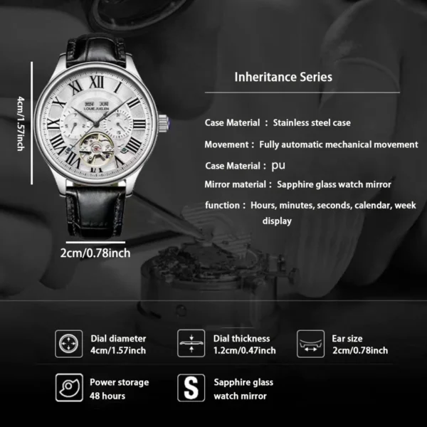 (Full Automatic Mechanical Watch) Men's Multifunctional Watch, Cut Out Perspective Small Plate, Roman Numeral Scale Dial, No Battery Required 2