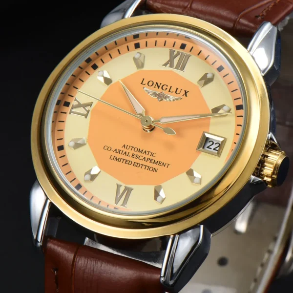 LONGLUX automatic man watch business leisure dating mechanical wristwatches day date waterproof leather  mens watch men gift 1