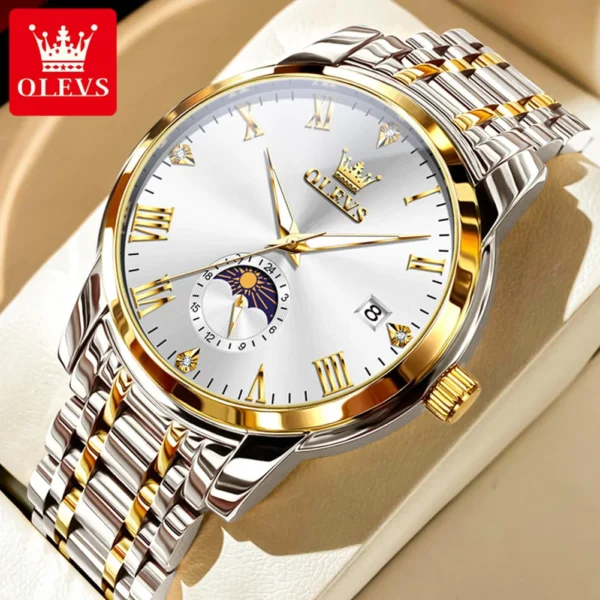 OLEVS Trend Fasahion Men's Watches Stainless Steel Original Quartz Watch for Man Waterproof Luminous Date Moon Phase Wristwatch 1