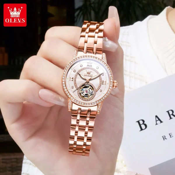 OLEVS Women's Watches Elegant Fashion Skeleton Flywheel Automatic Mechanical Watch for Ladies Waterproof Luminous Rose Gold 1