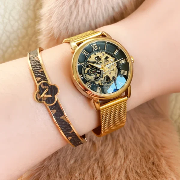 Forsining Fashion Women's Luxury  Golden Mechanical  Watch Roman Numerals Transparent Skeleton Watches Stainless Steel Clock 1