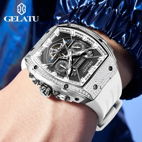 GELATU Top Brand Men's Watches Full Automatic Wristwatch for Man Hollow Mechanical Flywheel Date Week Waterproof Luminous 2