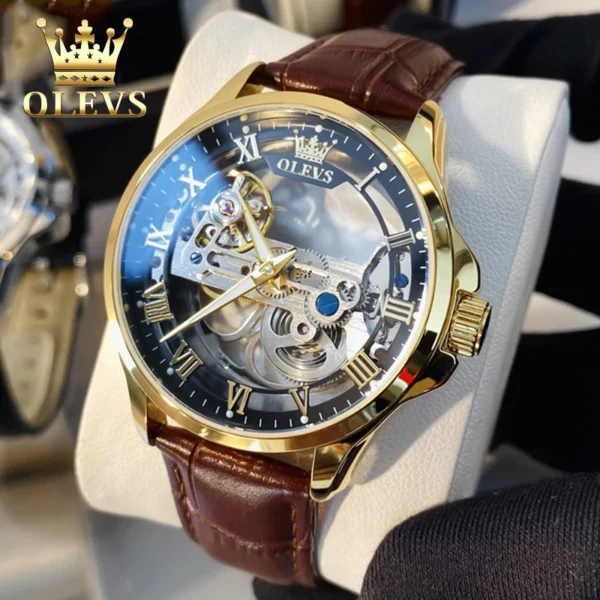 OLEVS Brand Men's Watches Skeleton Automatic Mechanical Wristwatch Waterproof Luminous Leather Strap Fashion Watch for Man Trend 1