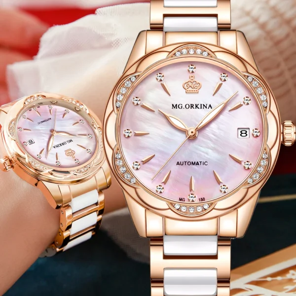 MG ORKINA Automatic Watch for Women Date Mechanical Luxury Pearl Mother Diamond Elements Ladies Dress Wristwatches Gift for Wife 1