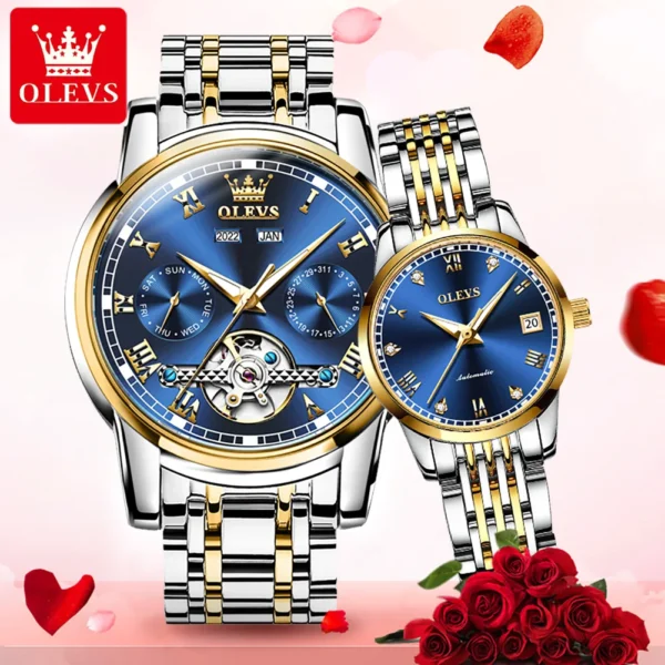 OLEVS Luxury Brand Original Couple Watch Stainless Steel Strap Waterproof Fully Automatic Mechanical Watch Romantic Lover Watch 2