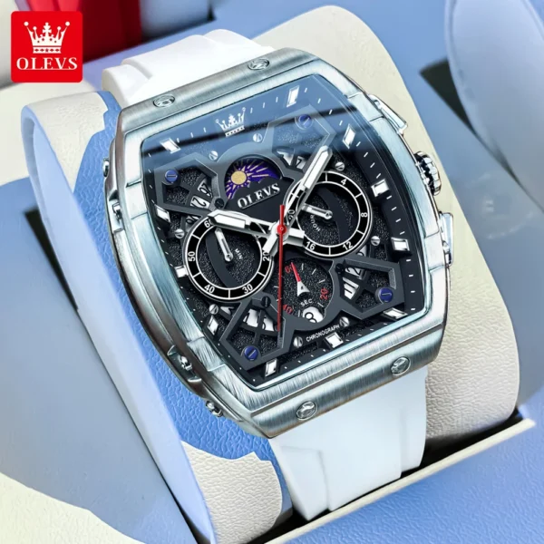 OLEVS Brand Wristwatch Tonneau Waterproof Moon Phase Chronograph Quartz Watch Luminous Original Silicone strap  Men's Watches 1