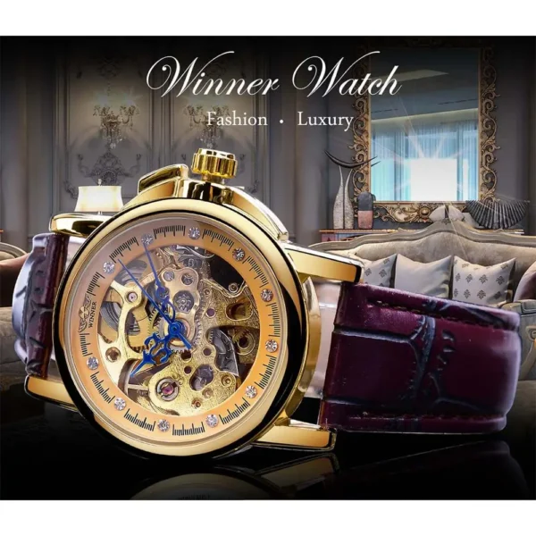 Forsining Classic Retro Design Blue Hands Ladies Fashion Golden Skeleton Diamond Display Mechanical Wrist Watches Gift For Women 2
