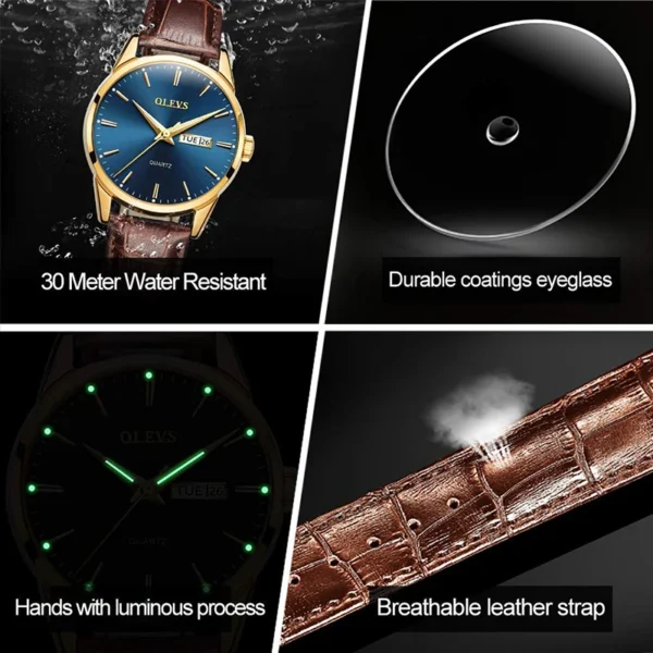 OLEVS Mens Quartz Watches Brand Luxury Casual Fashion Men's Watch For Gifts Breathable leather Waterproof luminous Wristwatch 2