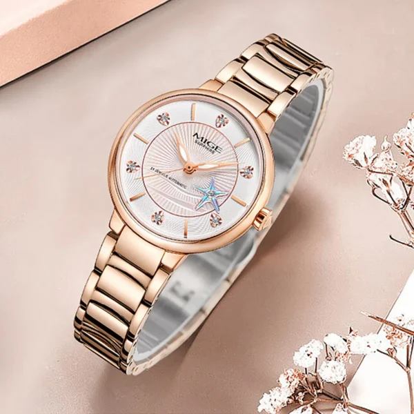 MIGE Original Miyota Automatic Mechanical Watch Luxury Women Wristwatch skeleton Diamond waterproof ceramic stainlesssteel 1