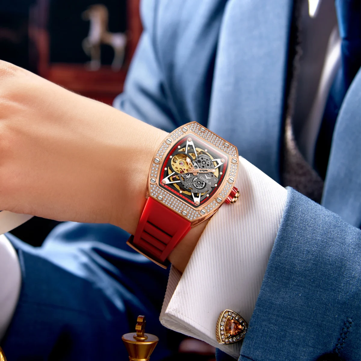 ONOLA Luxury Fashion Watch Hollow Out Fully Automatic Waterproof Men's Mechanical Watch With Diamond 5