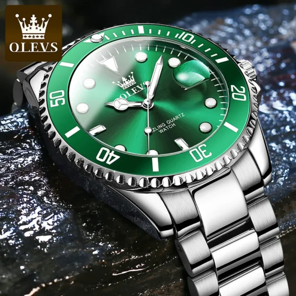 OLEVS Men's Watches Green Dial Waterproof Stainless Steel Strap Calendar Quartz Watch Luminous Luxury Male Wristwatch Original 1