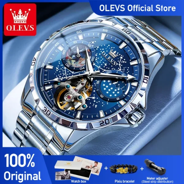 OLEVS Original Brand Men's Watches Waterproof Multifunctional Luminous Fully Automatic Mechanical Watch Moon Phase Starry Disk 1