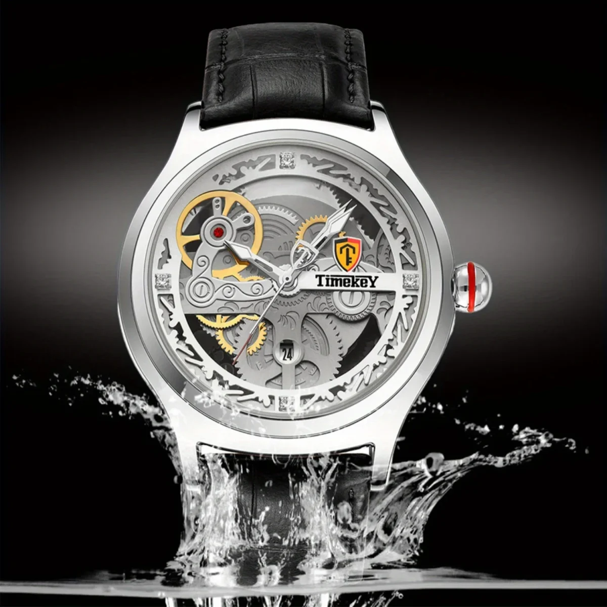 TimeKey-Fashion Classic Mechanical Style Stainless Steel Buckle Skeleton Dial Screw Crown Luminous Men's Quartz Watch 5