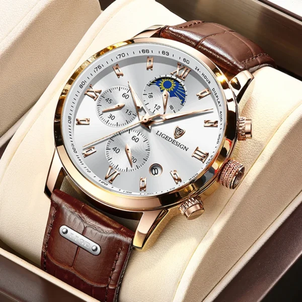 LIGE Business Watch Men Fashion Leather Military Waterproof Men's Quartz Wristwatches Casual Sports 24 Hour Moon Phase Watch Men 2
