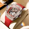 OUPINKE Ladies Mechanical Watch Automatic Skeleton Red Strap Fashion Diamond Crystal Evening Banquet Dress Watches for Women 2