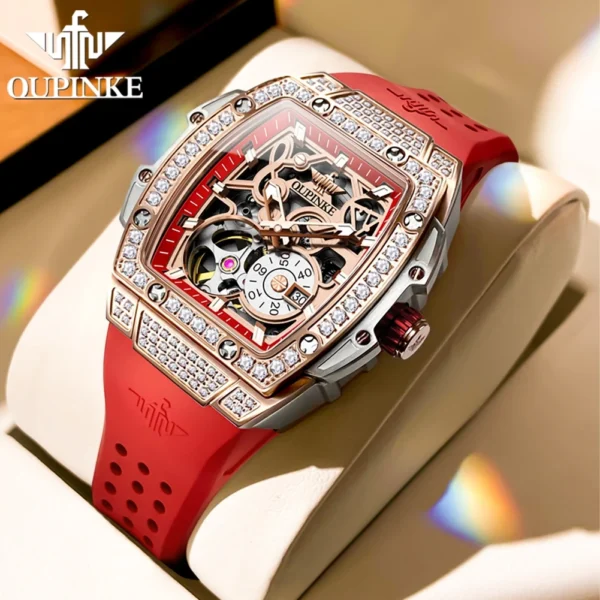 OUPINKE Ladies Mechanical Watch Automatic Skeleton Red Strap Fashion Diamond Crystal Evening Banquet Dress Watches for Women 2