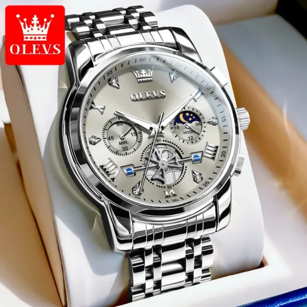 OLEVS Top Brand Men's Watches Classic Three Eyes Style Stainless Steel Quartz Watch Waterproof Luminous Moon Phase Wristwatch 1