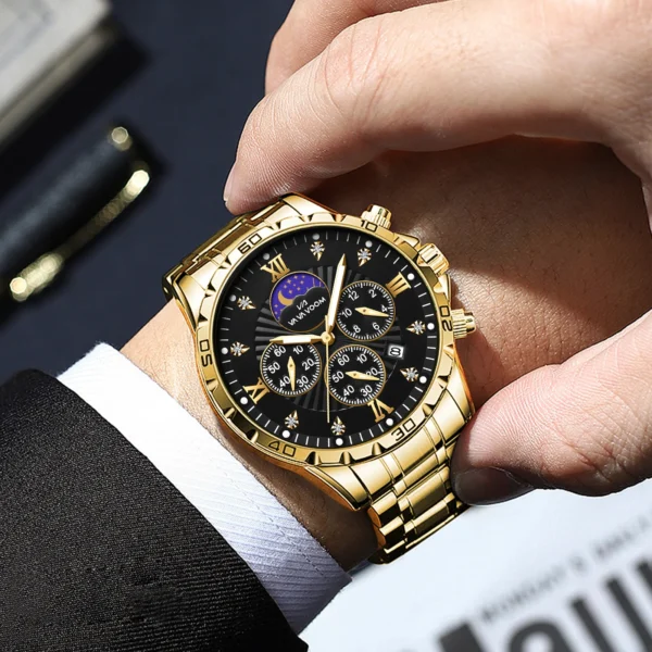 Men Watch US Fast Delivery Multifunctional Luxurious Rhinestone Moonlight Stainless Steel Business Leisure Quartz 1 Set Watches 2