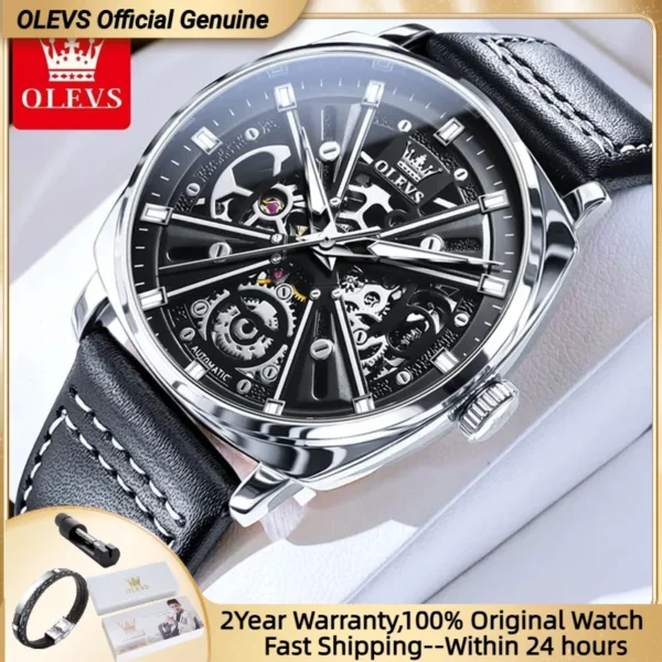 OLEVS 6685 Automatic Watch for Men Golden Skeleton Stainless Steel Waterproof Leather Strap Sports Men's Mechanical Wristwatches 1