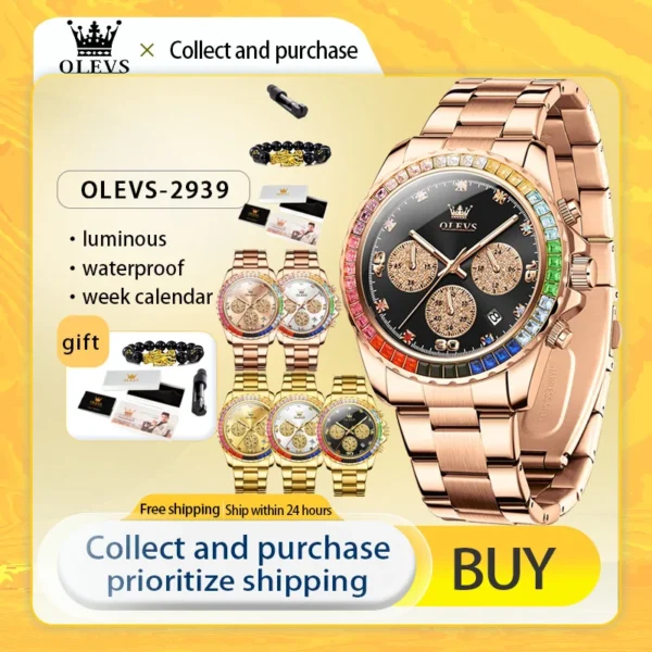 OLEVS Original Luxury Men's Quartz Watches Rainbow Di Diamond Ring Dial Waterproof Luminous Watch for Man Chronograph Calendar 1