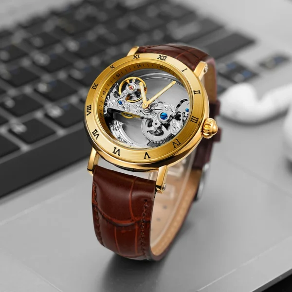 Vintage Mechanical Watches Golden Bridge Skeleton Automatic Mens Watch Luxury Genuine Leather Belt Carved Movement Luminous Hand 2